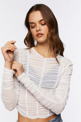 Forever 21 Women's Ruched Mesh Long-Sleeve Top White