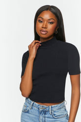 Forever 21 Women's Ribbed Short-Sleeve Mock Neck Top Black