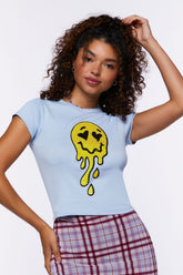 Forever 21 Women's Melted Happy Face Sequin Baby T-Shirt Blue/Multi