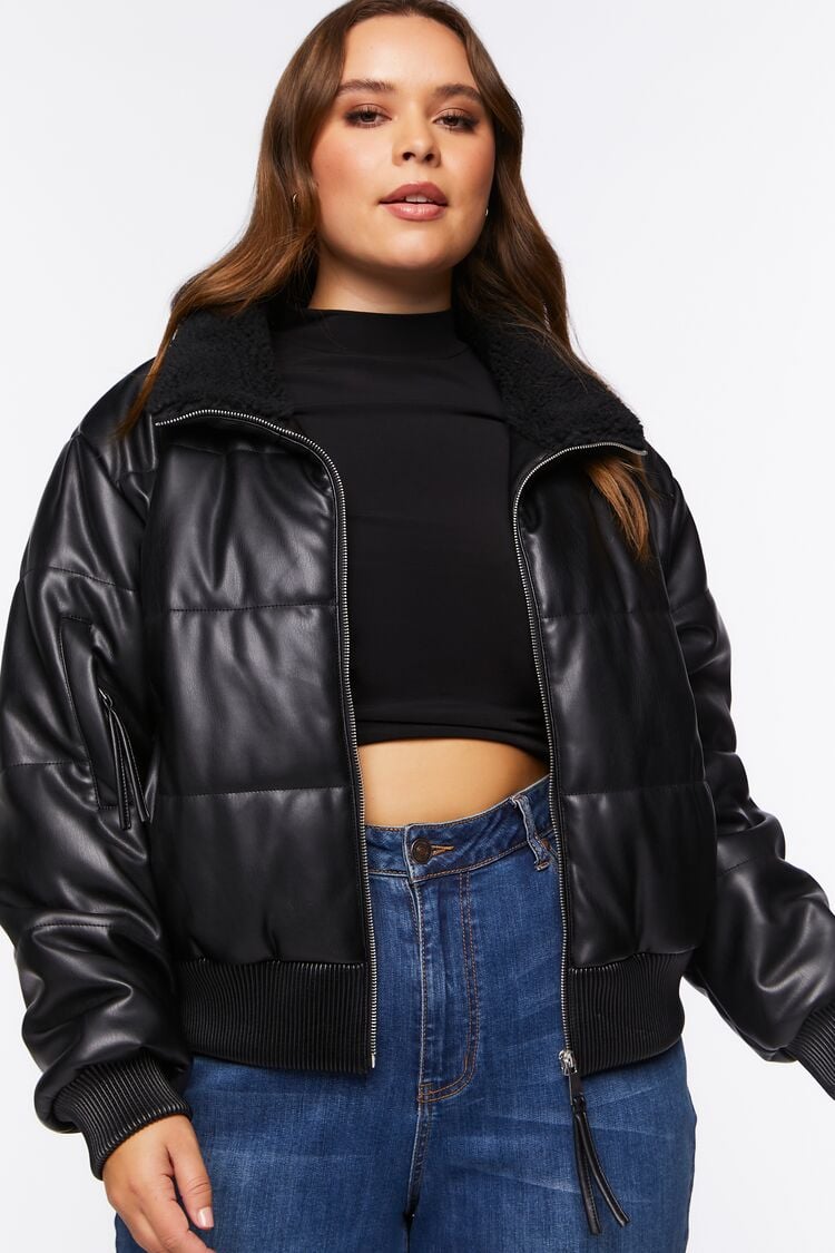 Forever 21 Plus Women's Faux Leather/Pleather Bomber Jacket Black