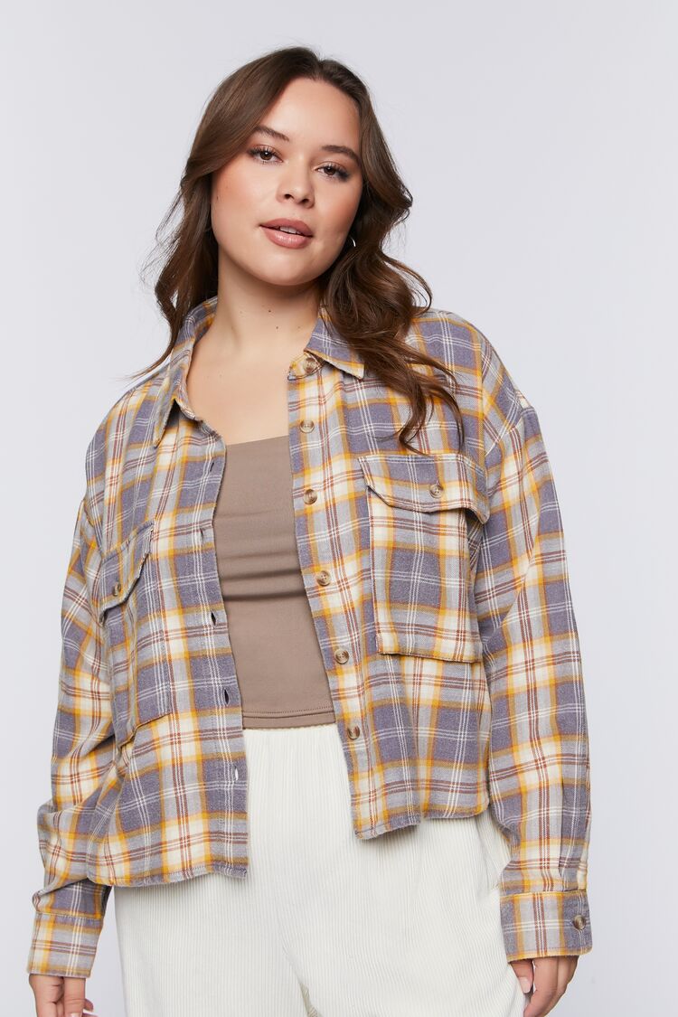 Forever 21 Plus Women's Plaid Drop-Sleeve Shirt Navy/Gold