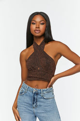 Forever 21 Women's Glitter Knit Halter Crop Top Bronze/Black