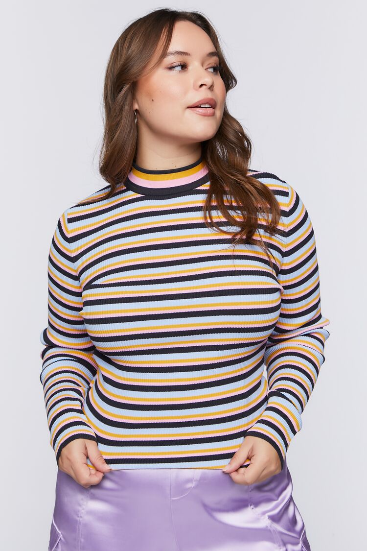 Forever 21 Knit Plus Women's Striped Ribbed Turtleneck Sweater Black/Multi