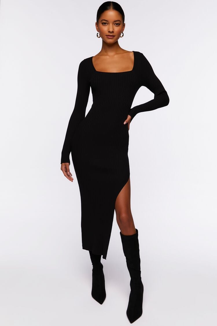 Forever 21 Knit Women's Thigh-Slit Midi Sweater Winter Dress Black