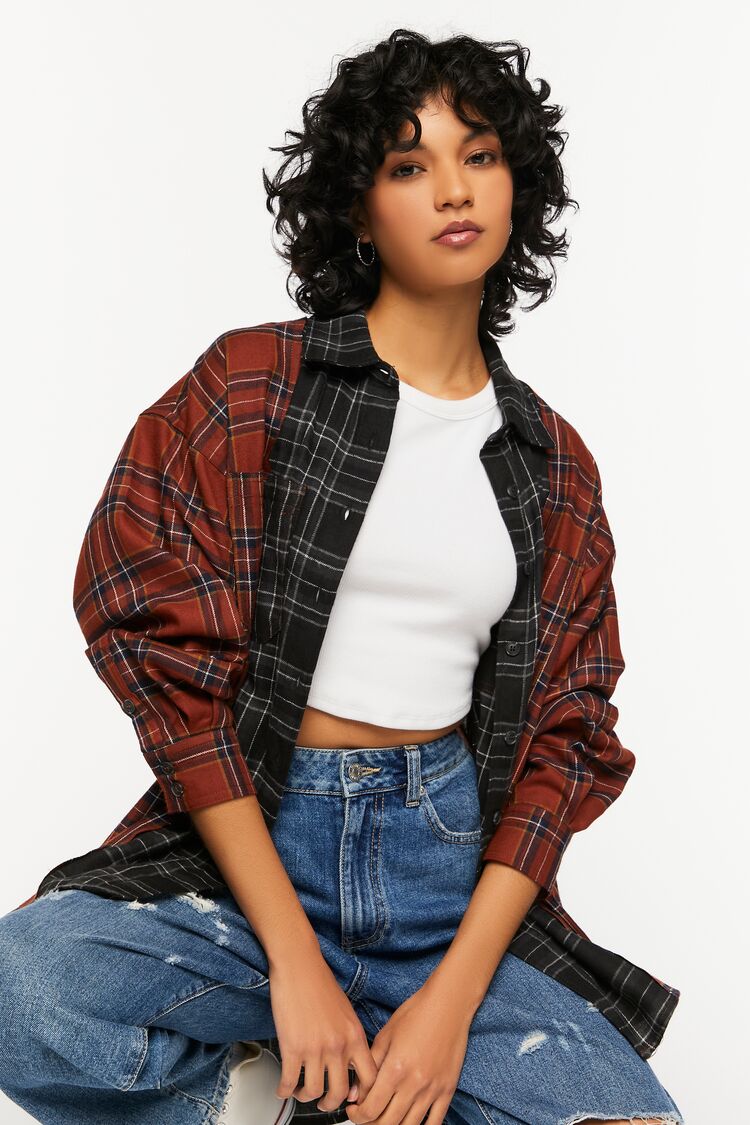 Forever 21 Women's Reworked Plaid High-Low Shirt Brown/Multi