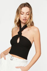 Forever 21 Women's Knotted Cutout Halter Crop Top Black