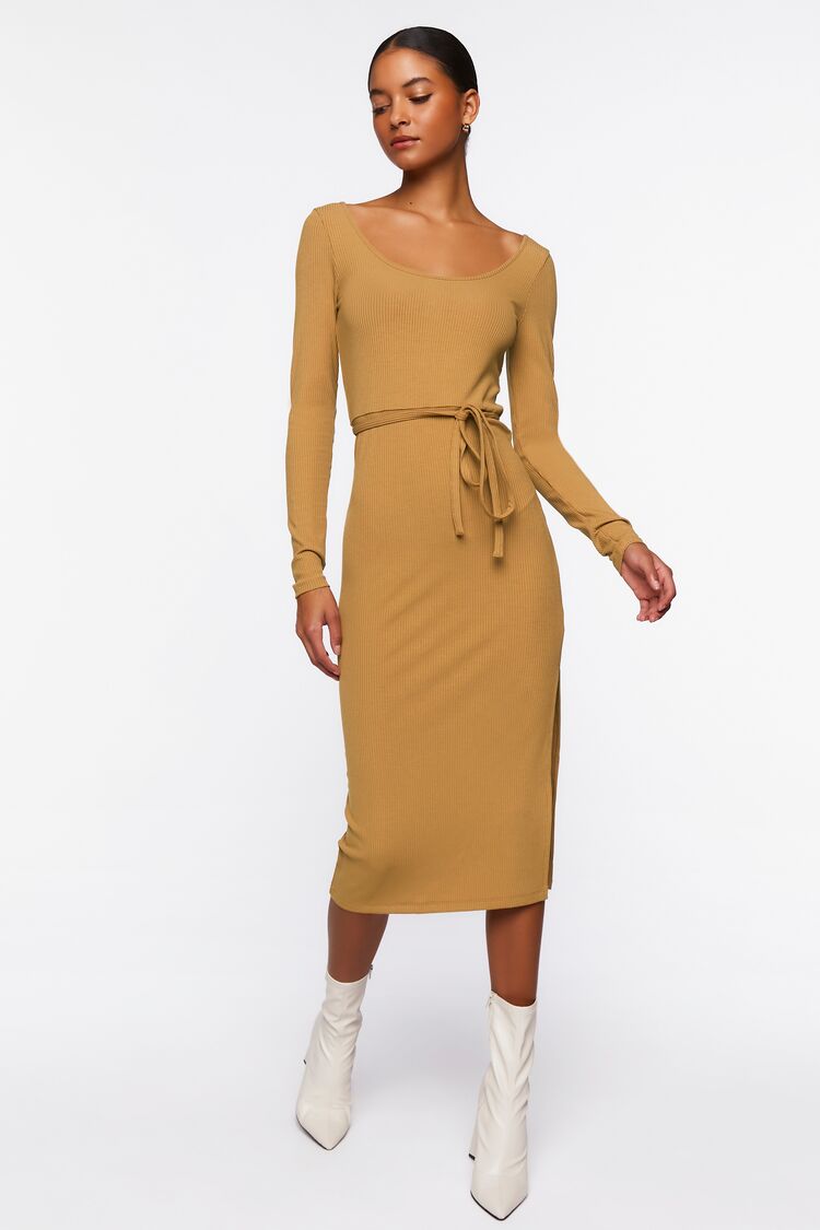 Forever 21 Women's Tie-Waist Slit Midi Spring/Summer Dress Camel