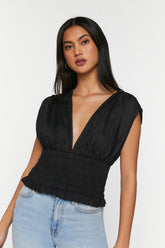 Forever 21 Women's Plunging Smocked Top Black