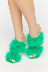 Forever 21 Women's Faux Feather Open-Toe Heels Green