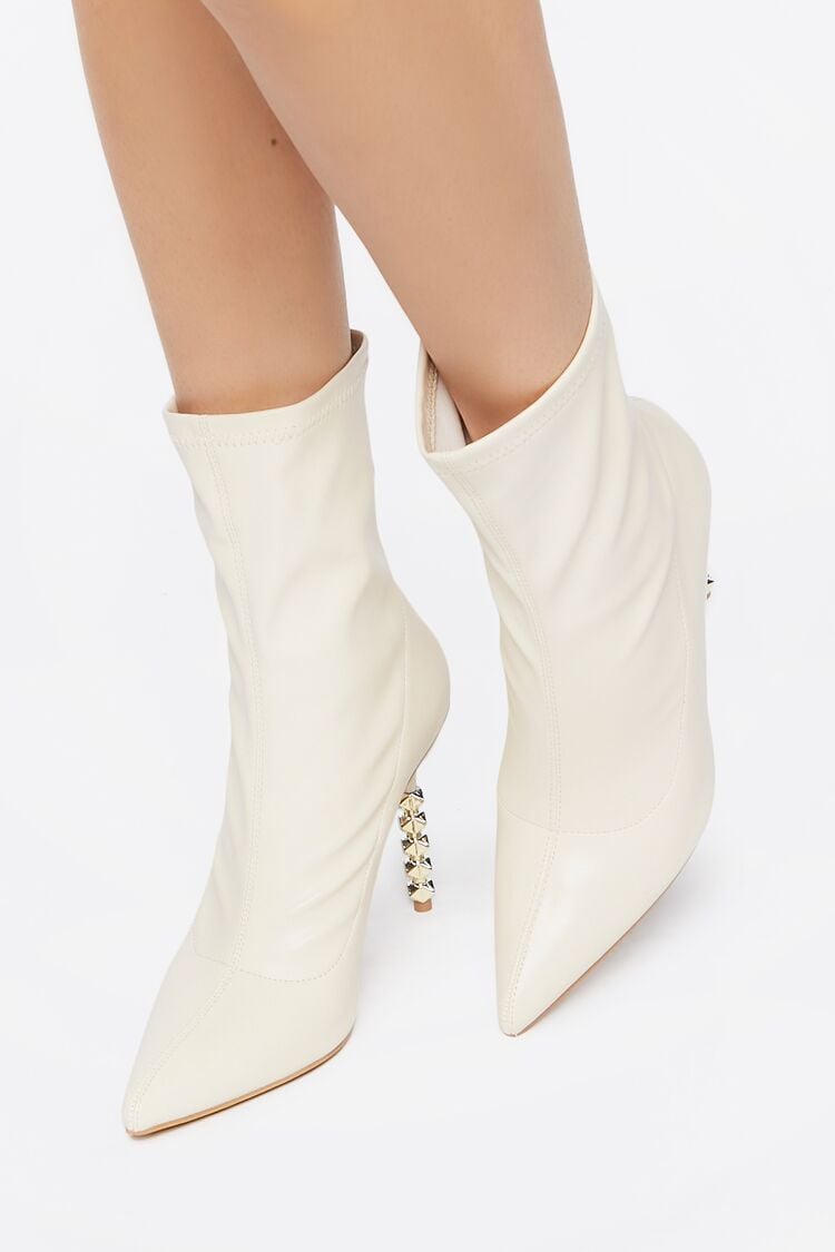 Forever 21 Women's Faux Leather/Pleather Studded Heel Booties White