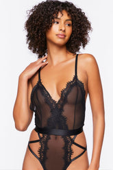 Forever 21 Women's Eyelash Lace Mesh Lingerie Bodysuit Black