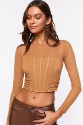 Forever 21 Women's Illusion Neckline Corset Crop Top Tan