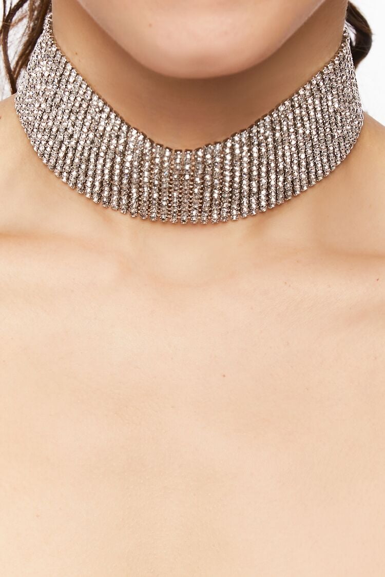 Forever 21 Women's Rhinestone Statement Choker Necklace Silver