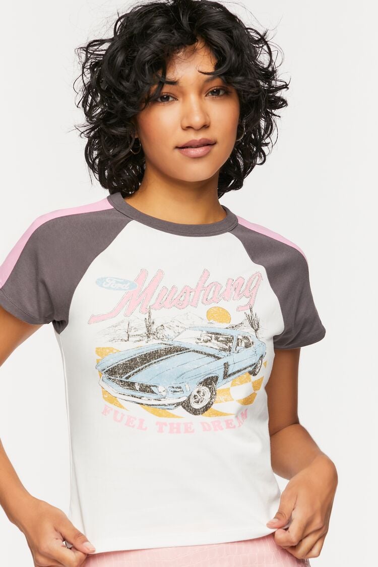 Forever 21 Women's Ford Mustang Graphic Baby T-Shirt Cream/Multi