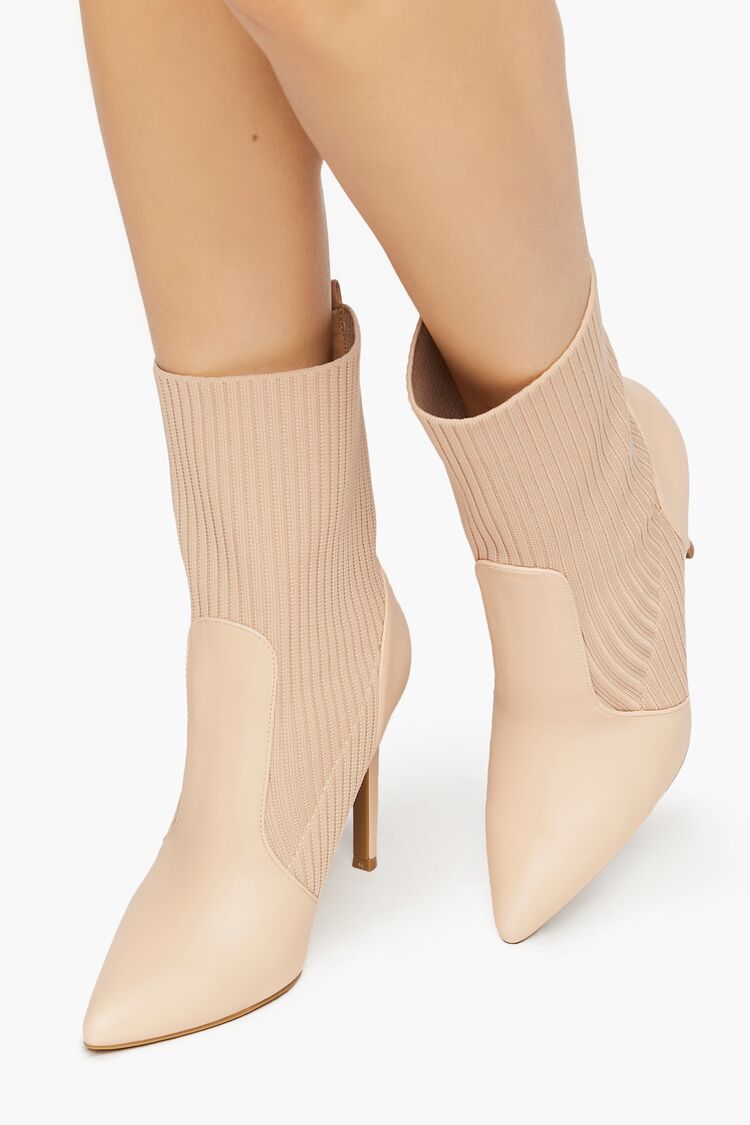 Forever 21 Women's Faux Leather/Pleather-Trim Sock Booties Nude