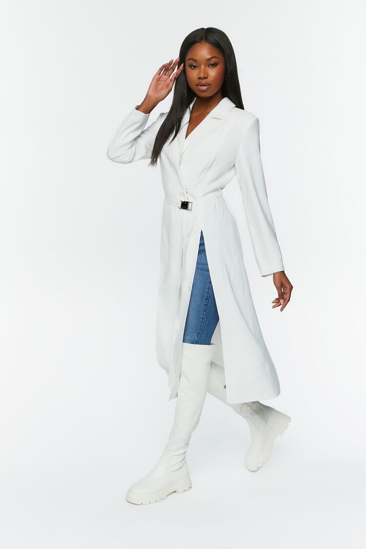 Forever 21 Women's Belted M-Slit Duster Jacket White