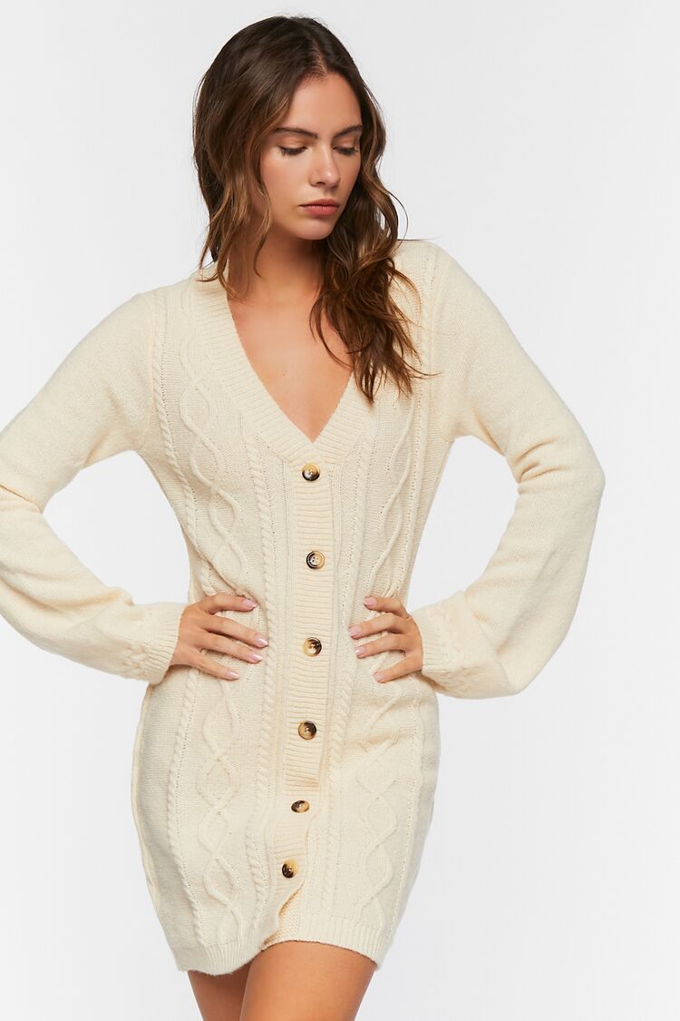 Forever 21 Women's Cable Knit Button-Front Sweater Spring/Summer Dress Ivory