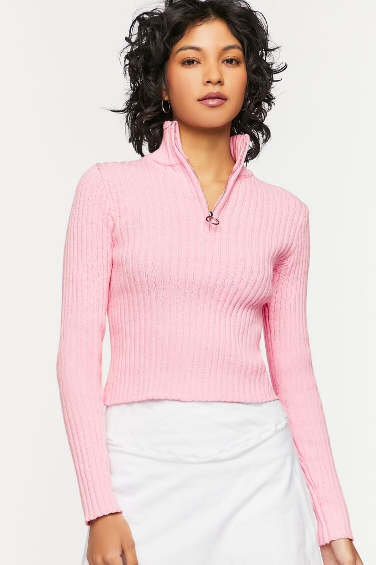 Forever 21 Knit Women's Half-Zip Funnel Neck Sweater Bubble Gum