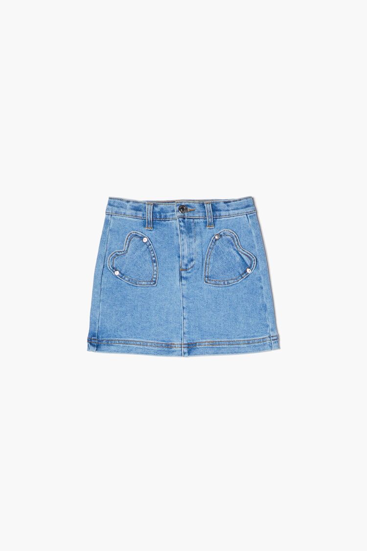 Forever 21 Girls Heart Pocket Denim Skirt (Kids) Light Denim