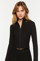 Forever 21 Women's Ribbed Zip-Up Top Black