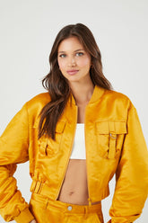 Forever 21 Women's Ruched Satin Cropped Bomber Jacket Gold