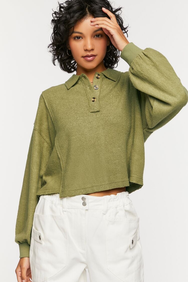 Forever 21 Women's Drop-Sleeve Polo Shirt Olive