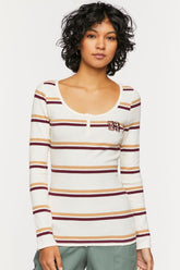 Forever 21 Women's Striped 93 Patch Henley Baby T-Shirt Cream/Multi