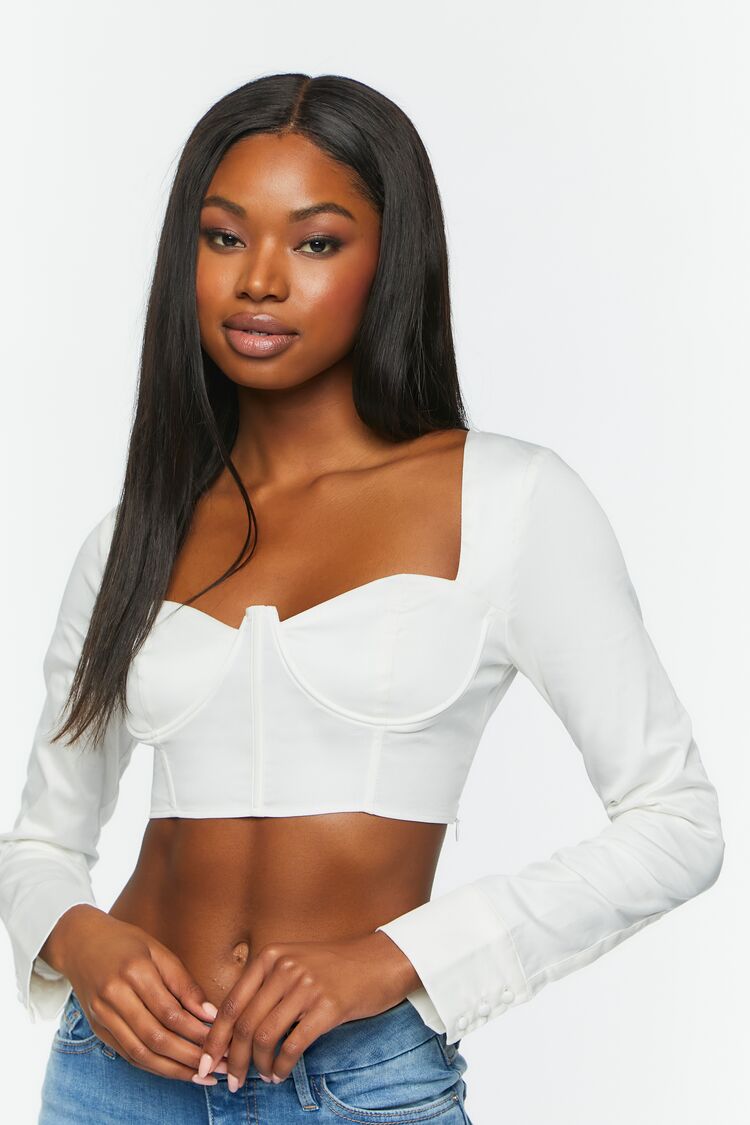 Forever 21 Women's Long-Sleeve Bustier Crop Top White