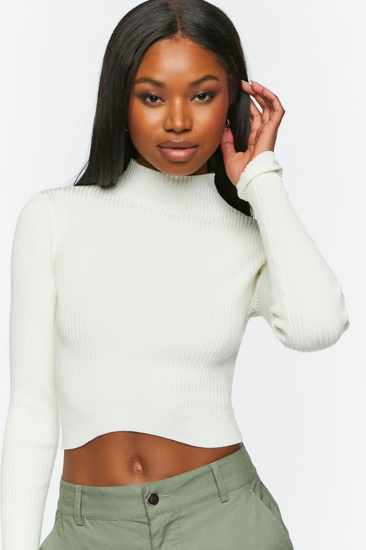 Forever 21 Women's Ribbed Mock Neck Sweater-Knit Crop Top Vanilla