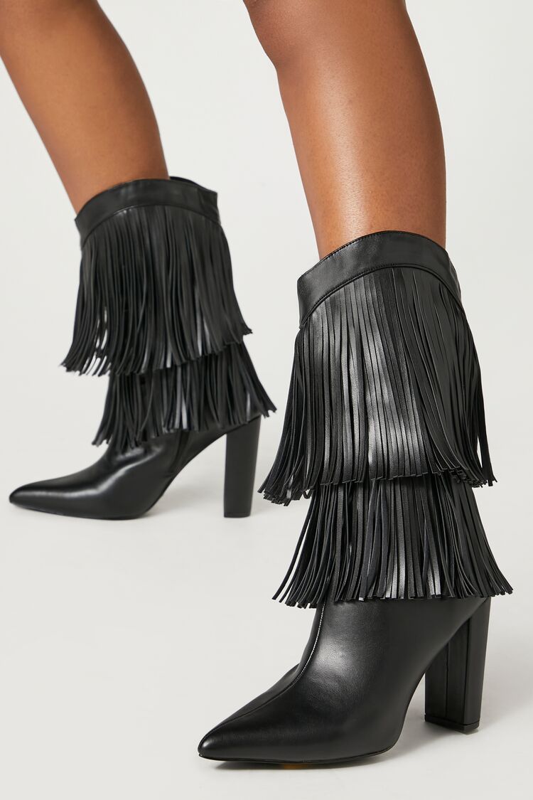 Forever 21 Women's Fringe Block Heel Boots Black