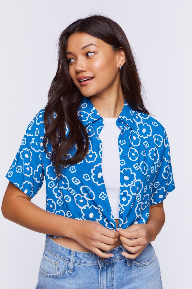 Forever 21 Women's Floral Print Cropped Shirt Bijou Blue/Multi
