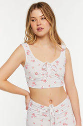 Forever 21 Women's Rose Print Ruched Lounge Crop Top White/Pink