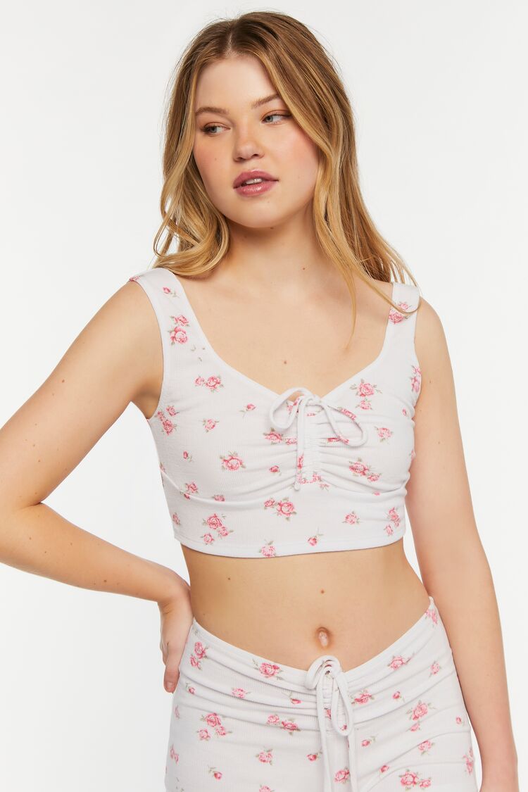 Forever 21 Women's Rose Print Ruched Lounge Crop Top White/Pink