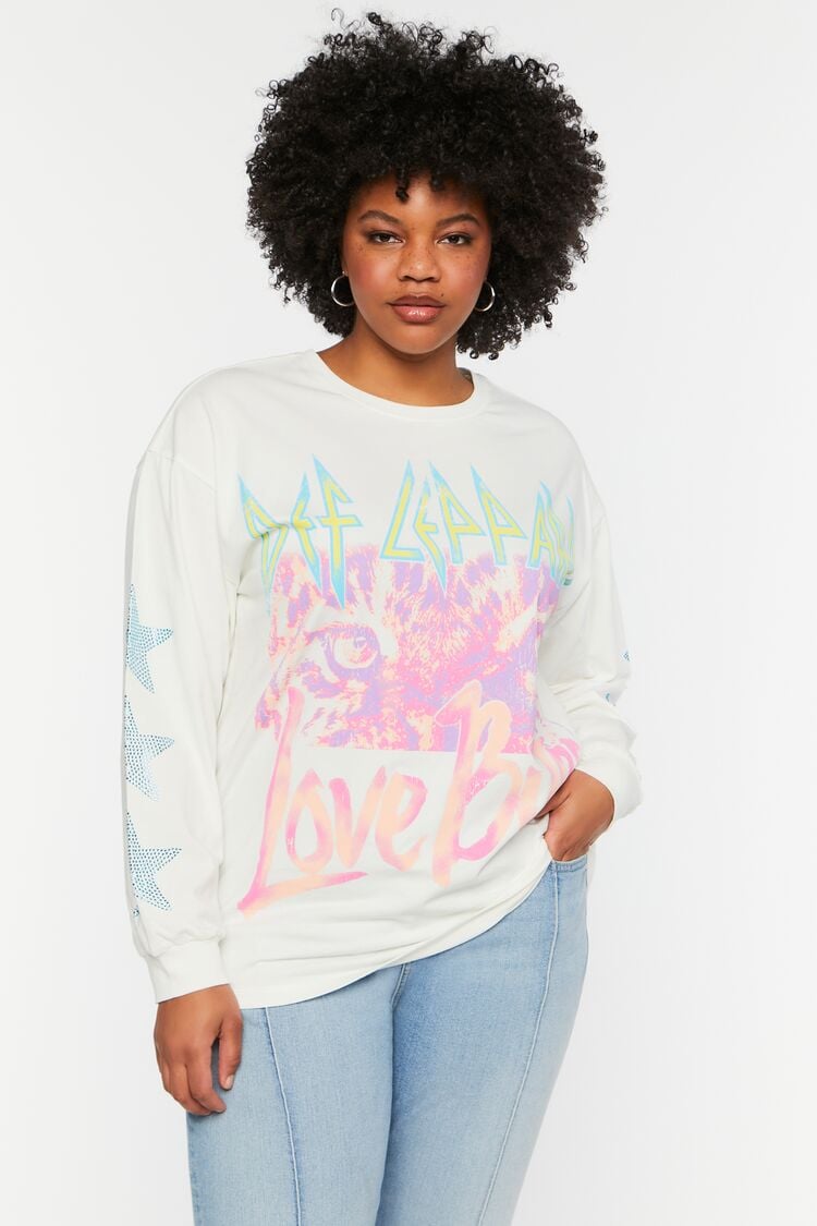 Forever 21 Plus Women's Def Leppard Long-Sleeve Graphic T-Shirt White/Multi