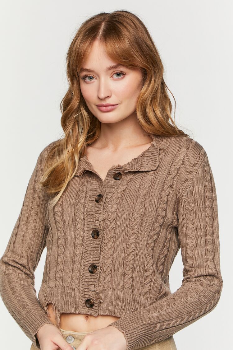 Forever 21 Women's Distressed Cable Knit Cardigan Sweater Brown