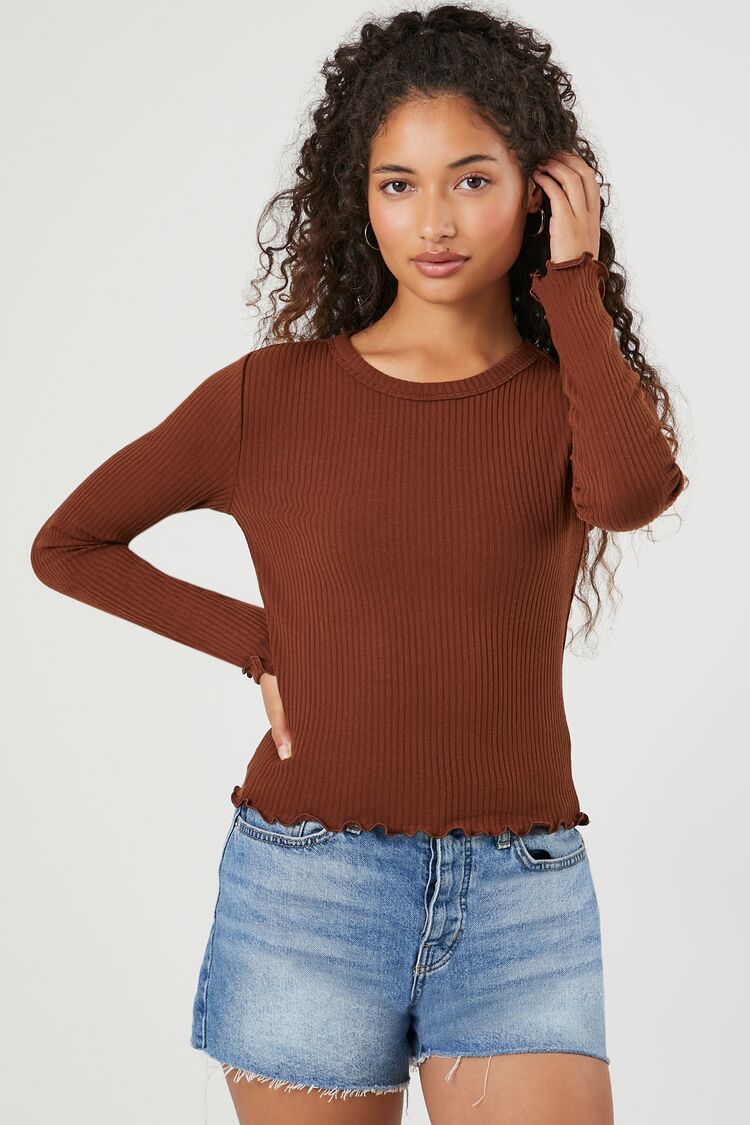 Forever 21 Women's Ribbed Lettuce-Edge Long-Sleeve Top Brown