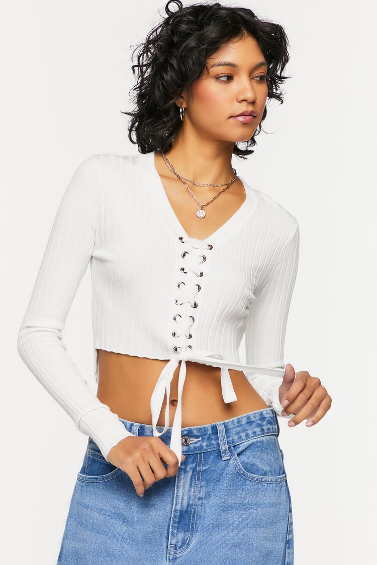 Forever 21 Women's Lace-Up Long-Sleeve Sweater-Knit Crop Top Vanilla