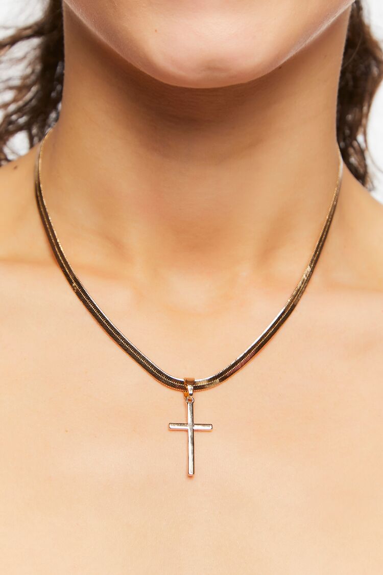 Forever 21 Women's Cross Pendant Snake Chain Necklace Gold