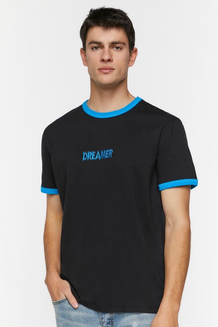 Forever 21 Men's Embroidered Dreamer Ringer T-Shirt Black/Aqua