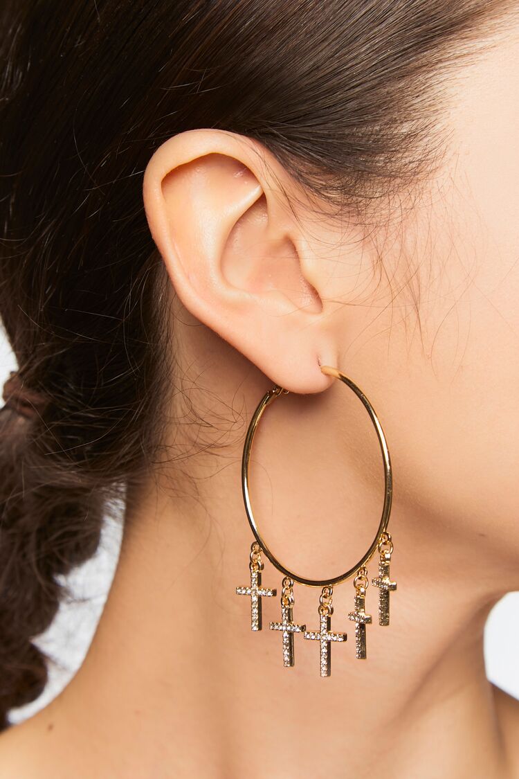 Forever 21 Women's Rhinestone Cross Hoop Earrings Gold
