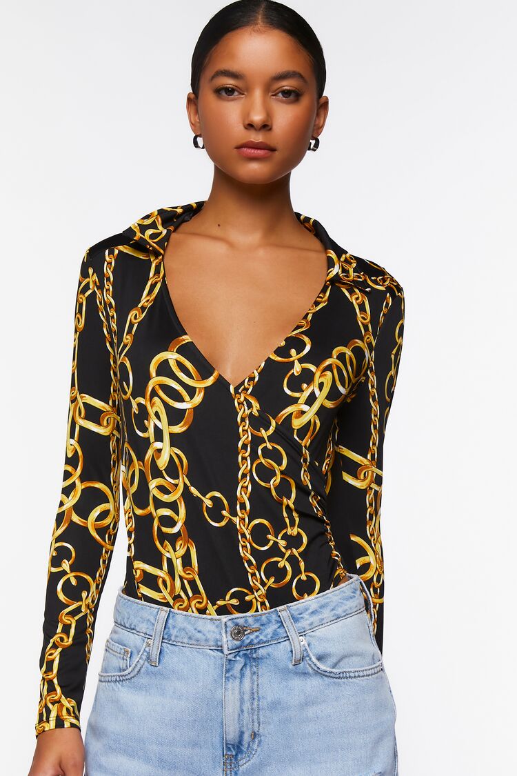 Forever 21 Women's Chain Print Bodysuit Black/Gold