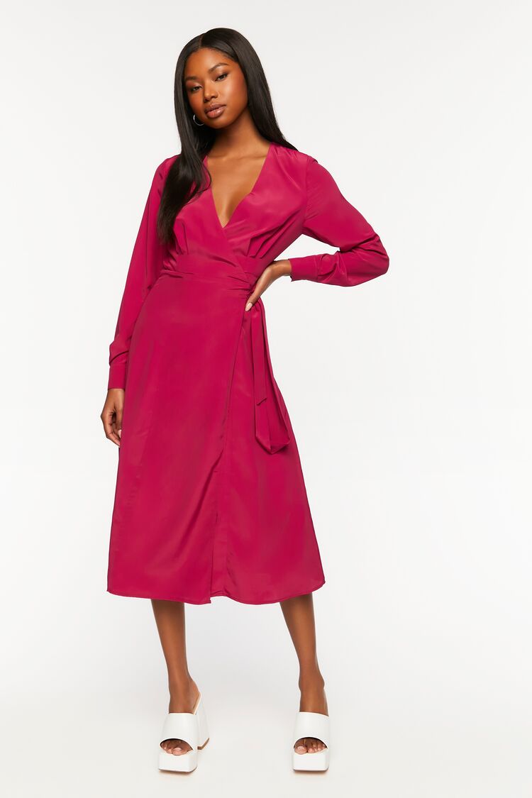 Forever 21 Women's Surplice Long-Sleeve Wrap Midi Dress Magenta