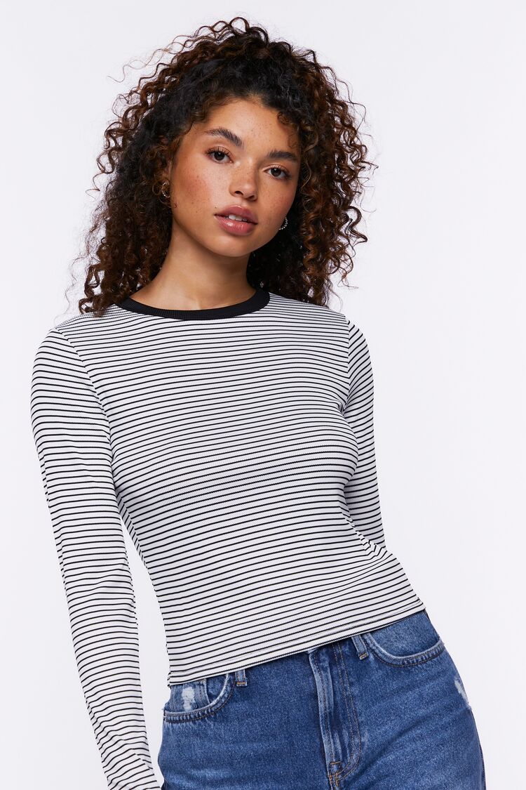 Forever 21 Women's Striped Long-Sleeve T-Shirt Black/White