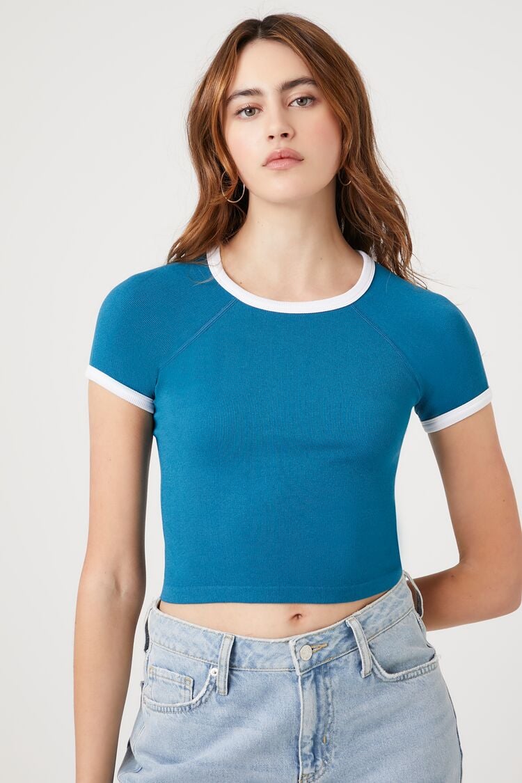 Forever 21 Women's Seamless Ringer Cropped T-Shirt Bijou Blue/White