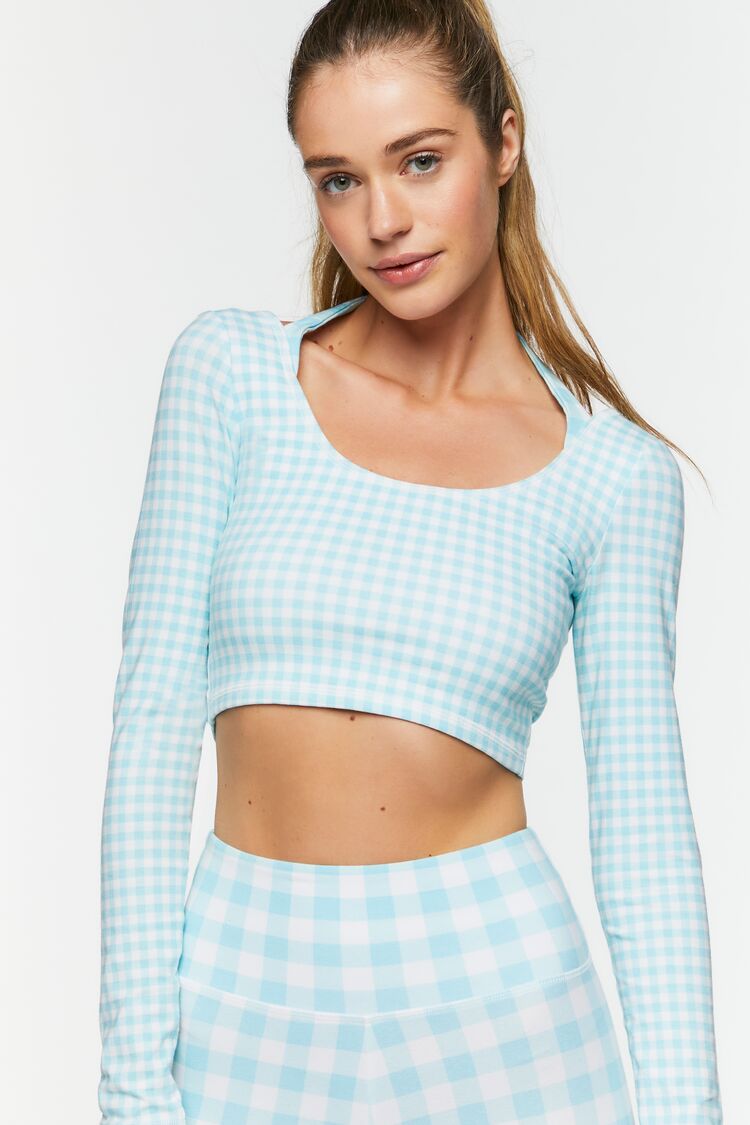 Forever 21 Women's Active Gingham Halter Crop Top Powder Blue/White