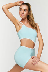 Forever 21 Women's Active Cutout One-Shoulder Romper Powder Blue/White