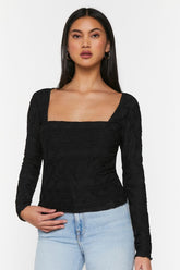 Forever 21 Women's Textured Long-Sleeve Lettuce-Edge Top Black