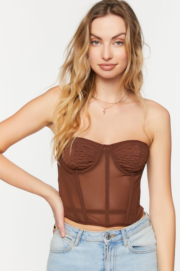 Forever 21 Women's Mesh Quilted Bustier Tube Top Turkish Coffee