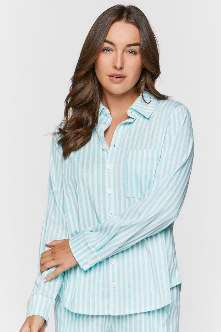 Forever 21 Women's Striped Long-Sleeve Pajama Shirt Powder Blue/White