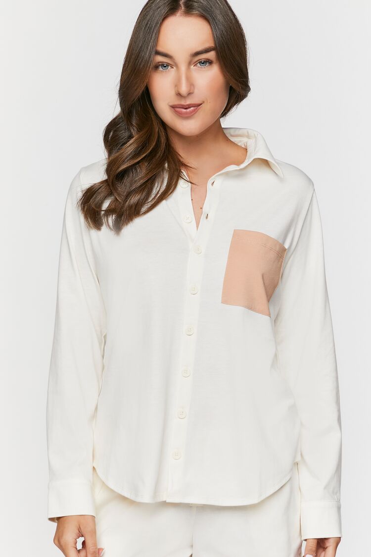 Forever 21 Women's Colorblock Patch-Pocket Pajama Shirt Tan/White